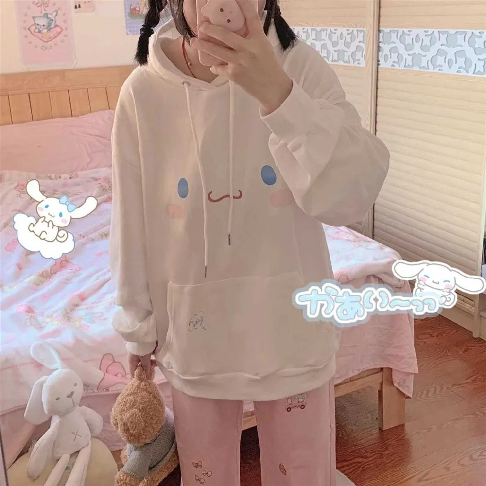 

Белая толстовка с капюшоном из Амина, женские топы большого размера с длинным рукавом и мультяшным рисунком для девочек, милая Женская толс...