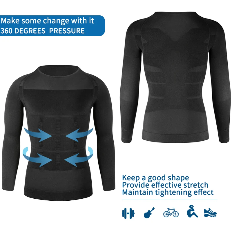 Tight Skinny Men's Slimming Elastic Body Shapewear Long Sleeve Shirt Sports Fitness Compression Abdomen Tummy Waist Control Top