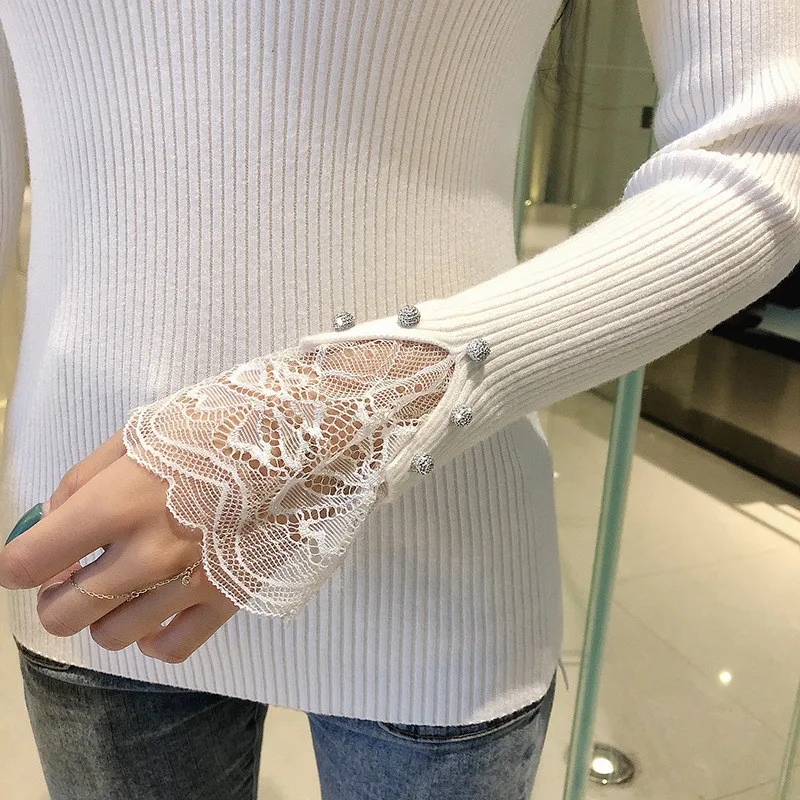 

Sweet Women Sweater Pullovers Spring Autumn Knitted Tops Jumper Lady Patchwork Lace 2020 New Slim Pull Femme Hiver Beading M330