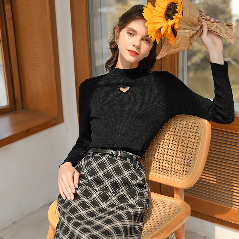 

SHZQ Black Bottomed Blouse Women's New Winter 2021 Slim Pullover Sweater with Top in Early Autumn