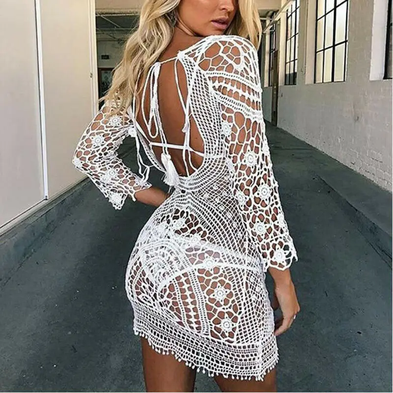 

Women Beach Swimwear Bikini Cover Up Lace Hollow Out Backless Ladies Summer Dress