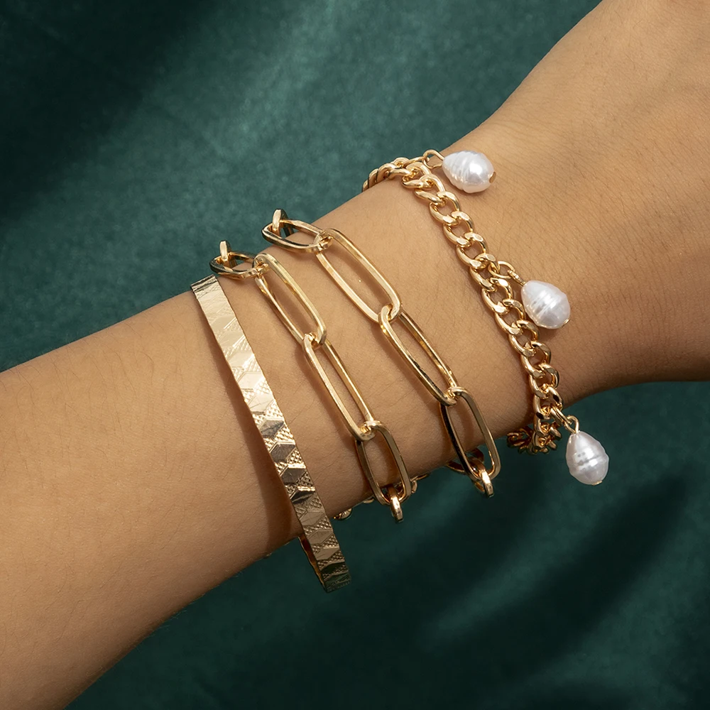 

Lacteo 4 Pcs/Set Vintage Imitation Pearls Dangle Bracelet Jewelry For Women Steampunk Gold Color Cross Chain Charm Bracelet