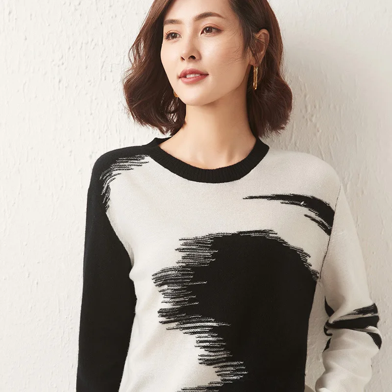 

Woman Sweater Autumn 2021 Korean Fashion Slim Wool Sweater Female O-Neck Tops Ink Painting Jacquard Pullover Women