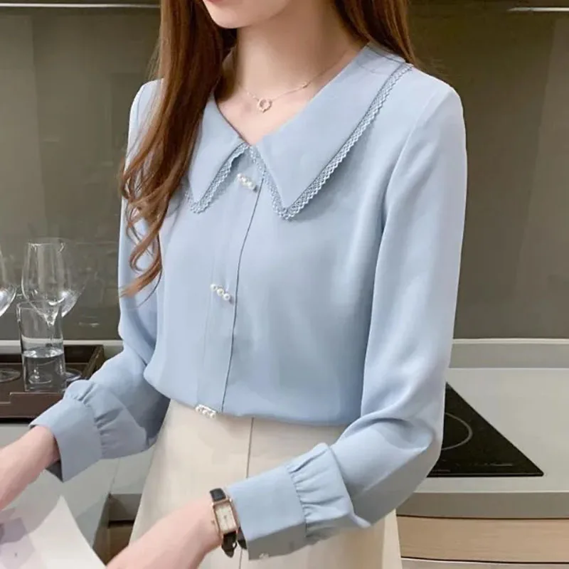 

Autumn New Korean Fashion Solid Women Shirts Office Lady Long Sleeve Chic Loose Tops Peter Pan Collar Big Size Elegant Blouses