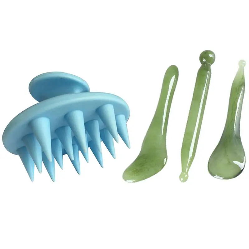 

3 шт. массаж гуаша соскабливающая доска для ухода за телом и 1x массажер для головы щетка для мытья ковра, уход за кожей головы кисти синий