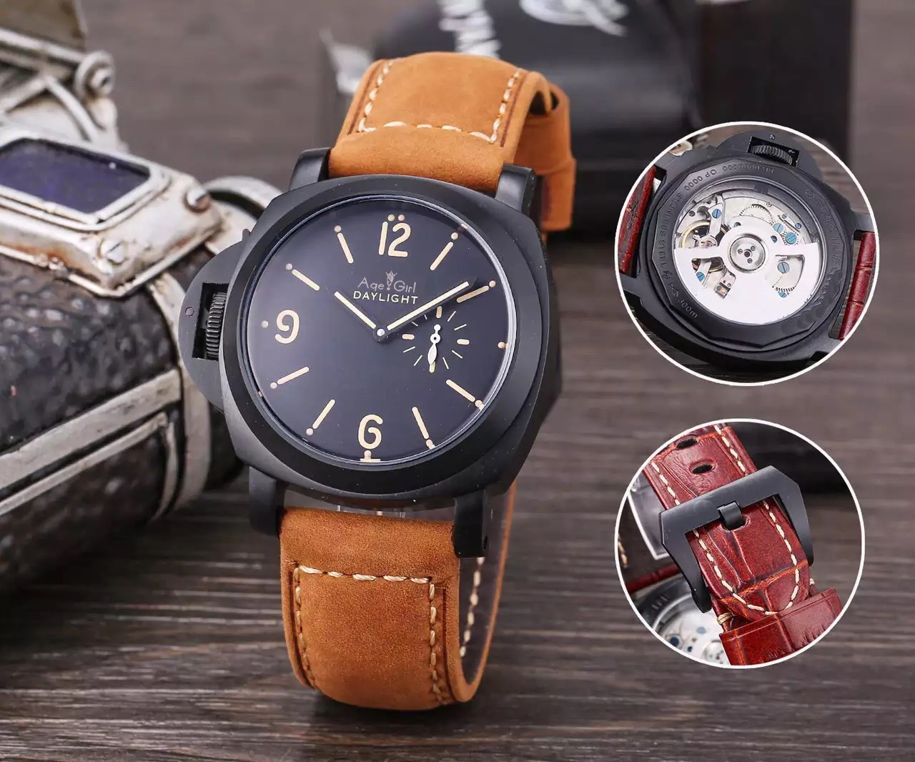 

Classic New Men Automatic Mechanical Sapphire Stainless Steel Left Hook Hand Full Black Leather Watch Luminous Watches AAA+