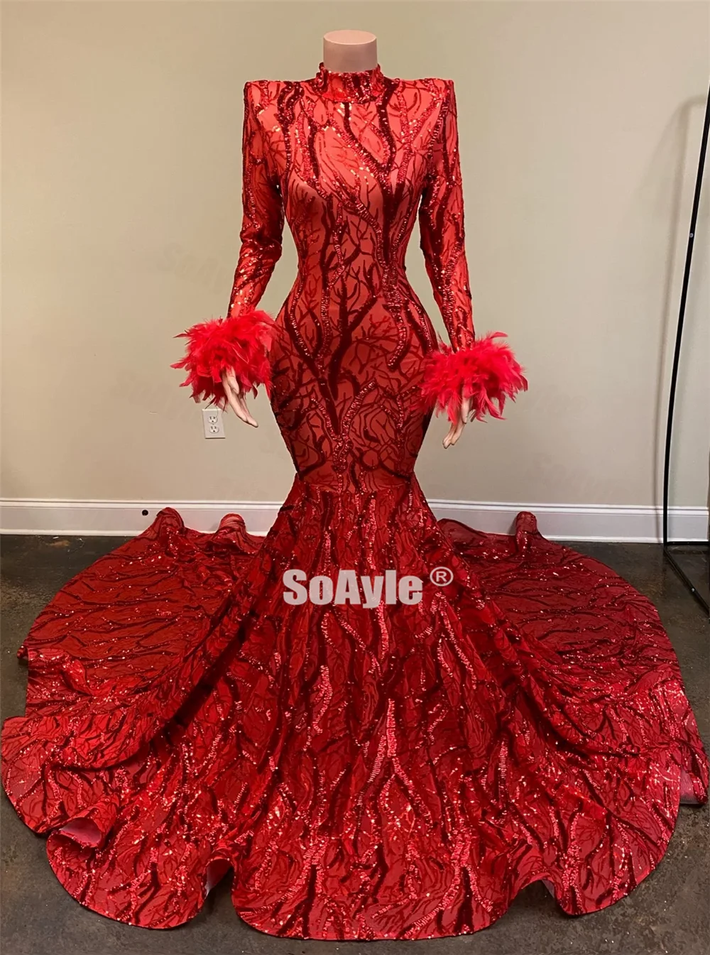 SoAyle Long Prom Dresses 2020 Sexy Backless Deep V-neck Mermaid Red Sequin African Women Prom Dress Sleeves Feathers Dresses
