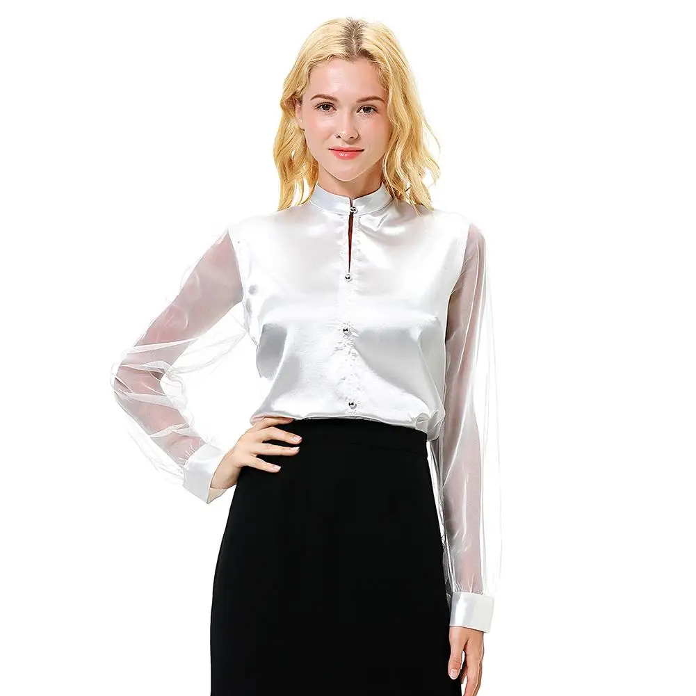 

Women Fashion Solid Casual Tops Imitation Silk Long Mesh Sleeve Button Down Shirt Work Office Blouse Top Lady Chic Shirts Autumn