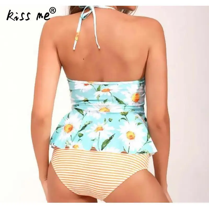 Цельный купальник с высокой талией из двух частей завязками на шее тесьмой милый