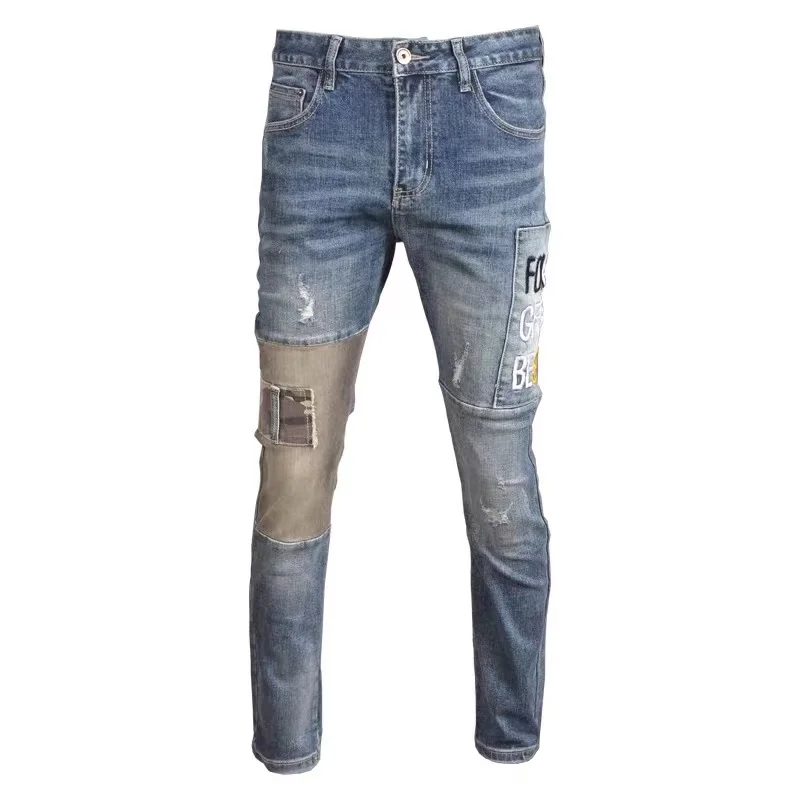 New autumn ripped jeans men's fashion elastic slim small thorn stitching high-end casual trousers