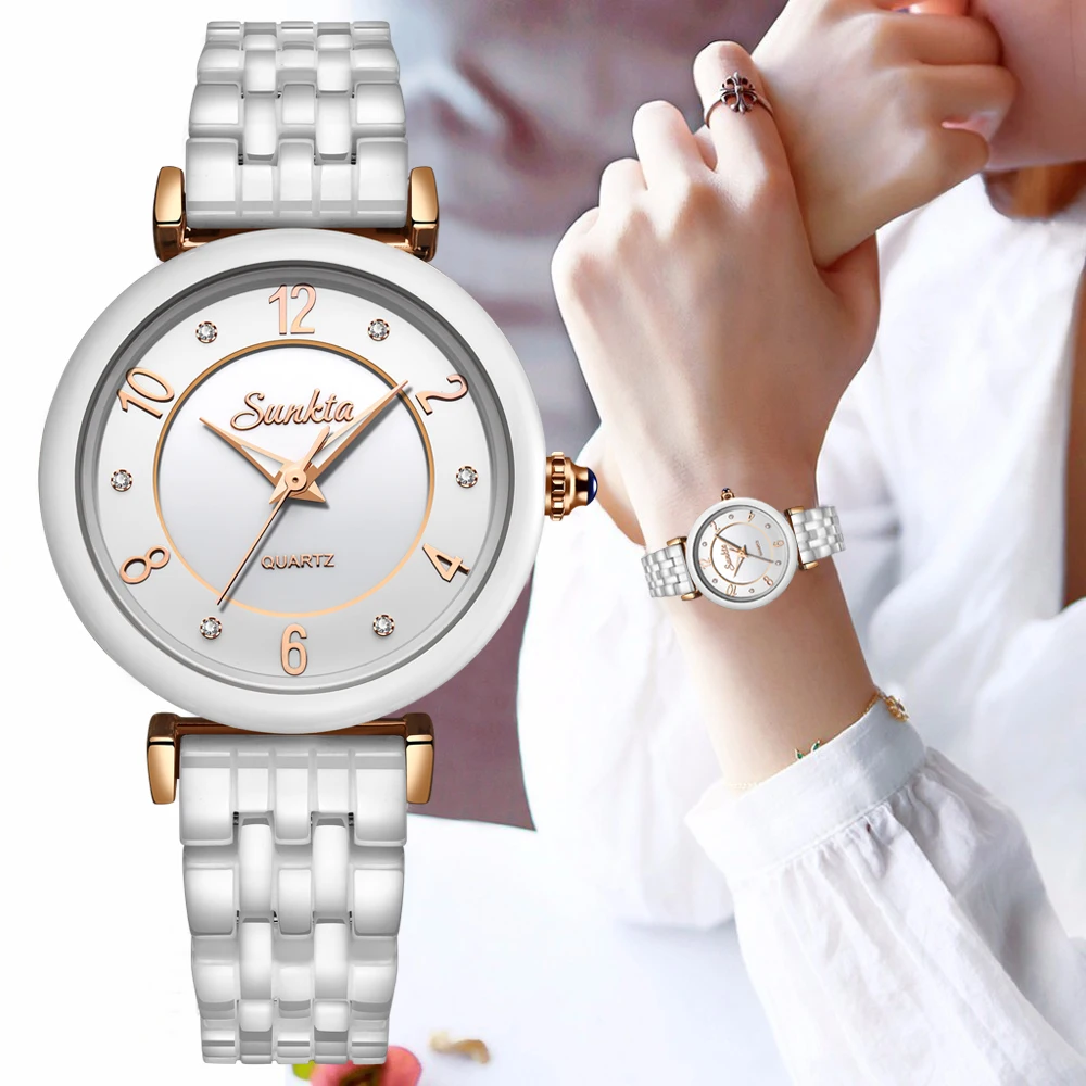 

Женские керамические кварцевые часы SUNKTA, белые водонепроницаемые часы в простом стиле, роскошные часы от топ бренда Zegarek Damski