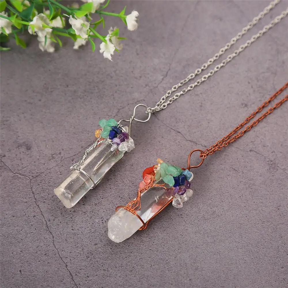 

12pcs 7 Chakra Crystal Natural Rainbow Stone Quartz tree of life Pendant Necklace for Women Pendulum Healing Collar Jewelry Free