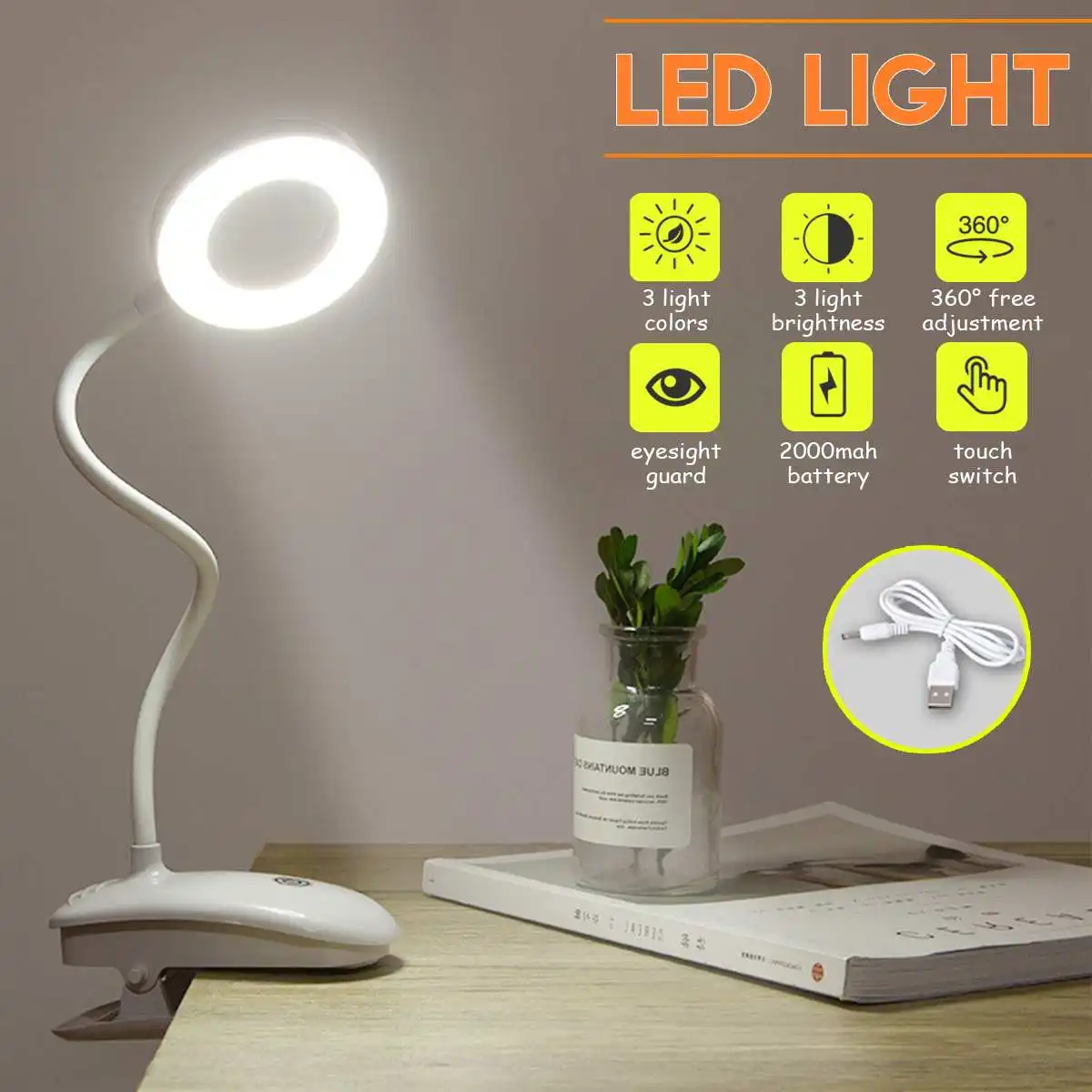 

Luminária led de mesa com ajustável e braçadeira, luz de leitura com usb para cuidados com os olhos, lâmpada de cabeceira para b
