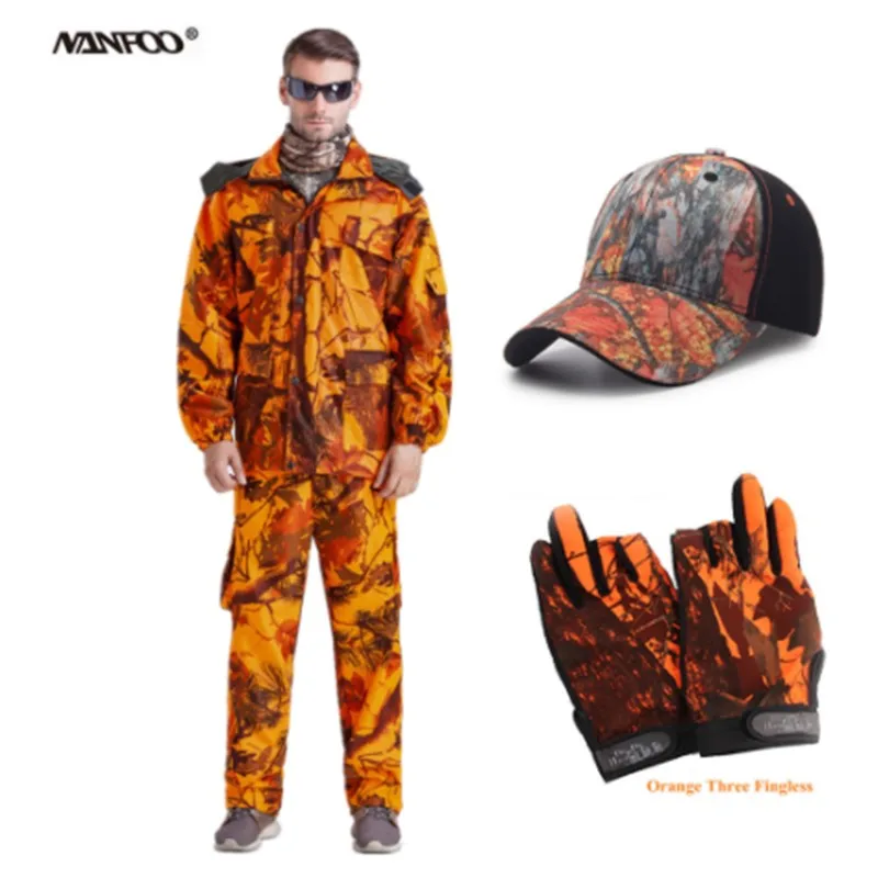 Jacket Pants Cap Glo Открытый мужской оранжевый Bionic Камуфляж Охота скалолазание костюм ветрозащитный водонепроницаемый стрельба костюмы куртка и брюки - Цвет: Jacket Pants Cap Glo