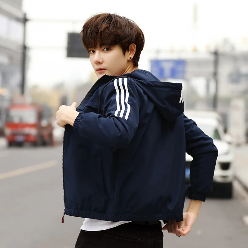

Mens Jackets Autumn Coat Men Hooded Three-Bar Jacket Sports Casual Thin Jacket Men