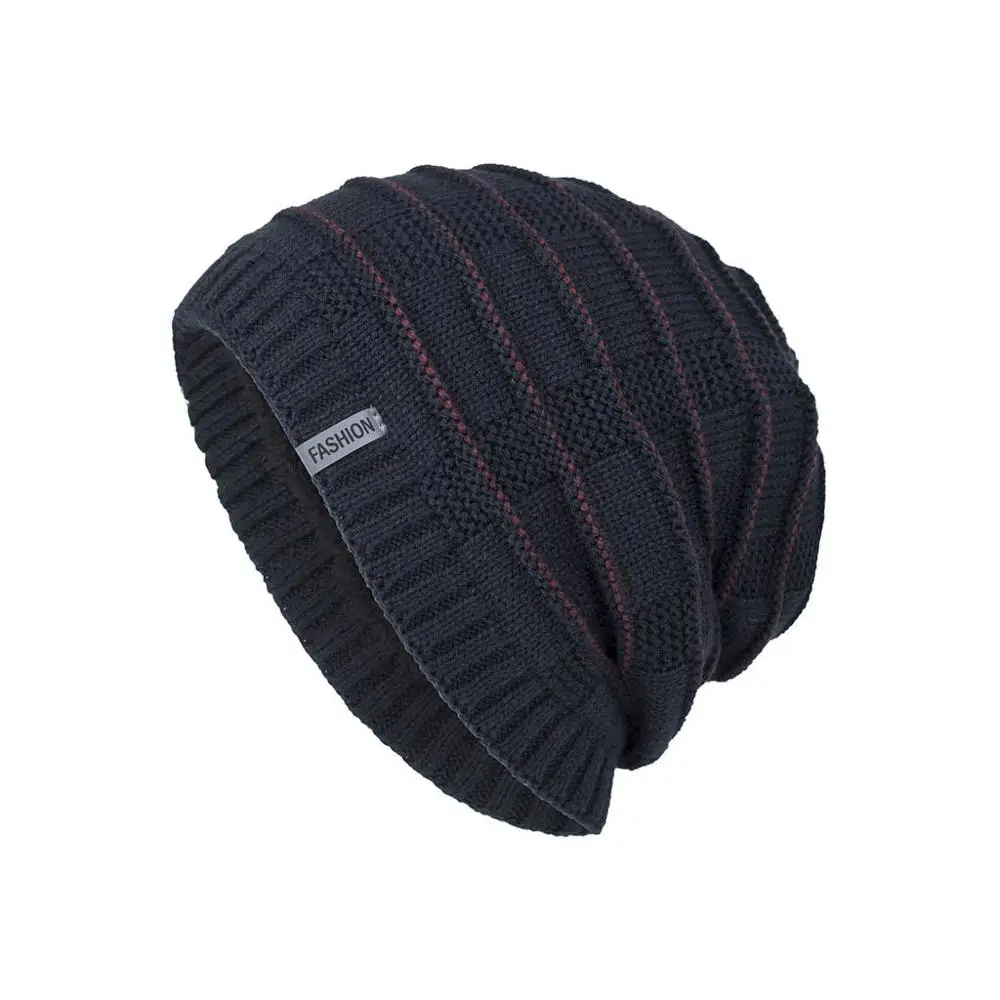 Тёмно-синий Fashion Staircase texture Winter Warm Knitted Hat Skullies Beanies For Men Women Bonnet Caps Gorros Male Solid Plus velvet Hat - Цвет: Тёмно-синий