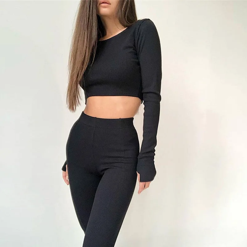 Женский трикотажный облегающий комплект однотонный топ с длинным рукавом