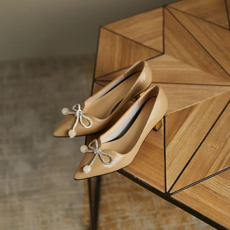 

crystal bowties Women Shoes High Heels Pumps 2021 Newest Genuine Leather Pointed Toe Shallow Party Office Lady Shoes Woman