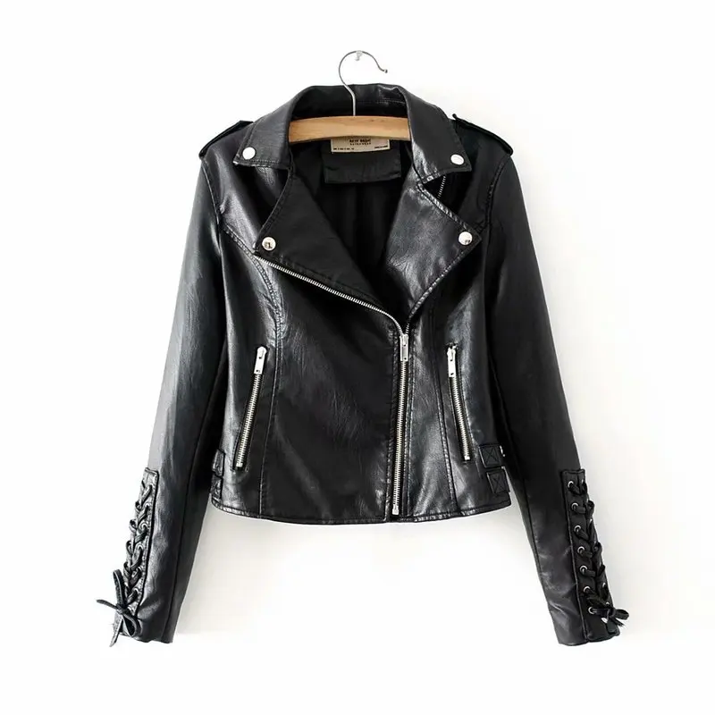 Woah 2019 AM1890-73 Euro-American Wind Lady's New Cuff Tie-line Zipper Locomotive Leather Coat PU Top | Женская одежда