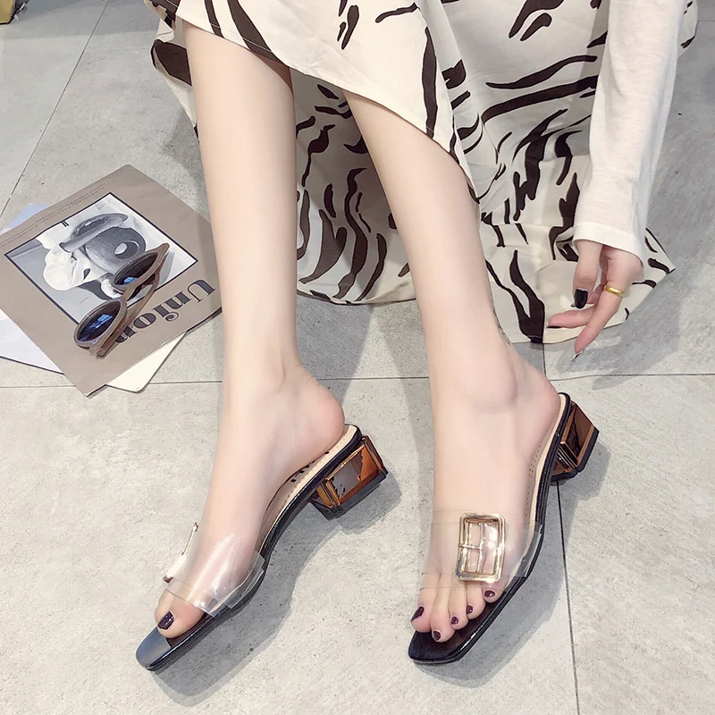 

Summer Transparent Slippers Mules Women Shoes Woman Med Heel Casual Ladies Shoes Female Party Metal Buckle Elegant Slippers