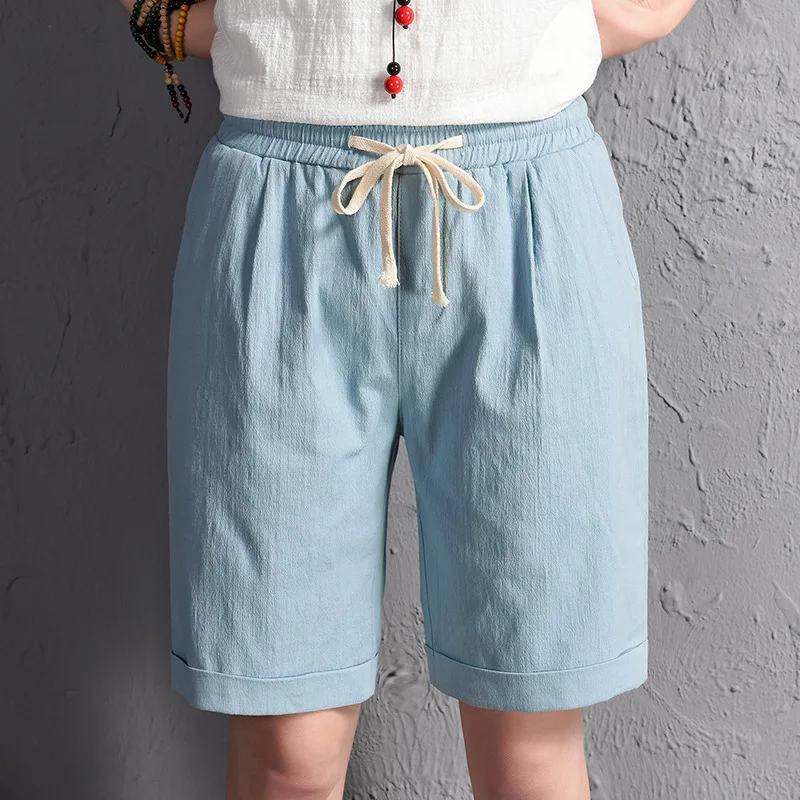 

Summer Women Cotton Linen Bermuda Feminina Elastic Waist Casual Sweatpants Knee Length Beach Trousers Female Shorts Plus Size
