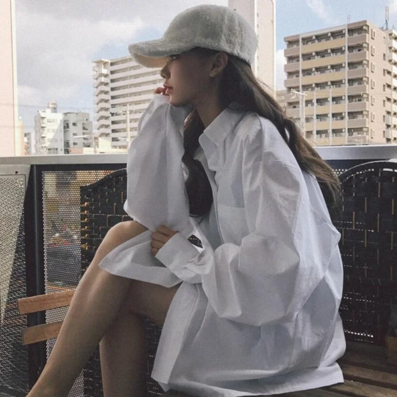 

Women's Blouses Oversize Solid Woman Clothes 2021 New Casual Office Lady Safari Style Long Sleeve Loose White Shirts Female Top