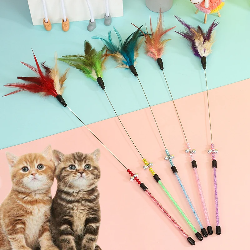 

Steel Wire Cats Toys Teaser Wand Bite Resistant Kitten Interactive Bell Cat Toy Funny Leap Not Easy To Break Feather Pet Supplie