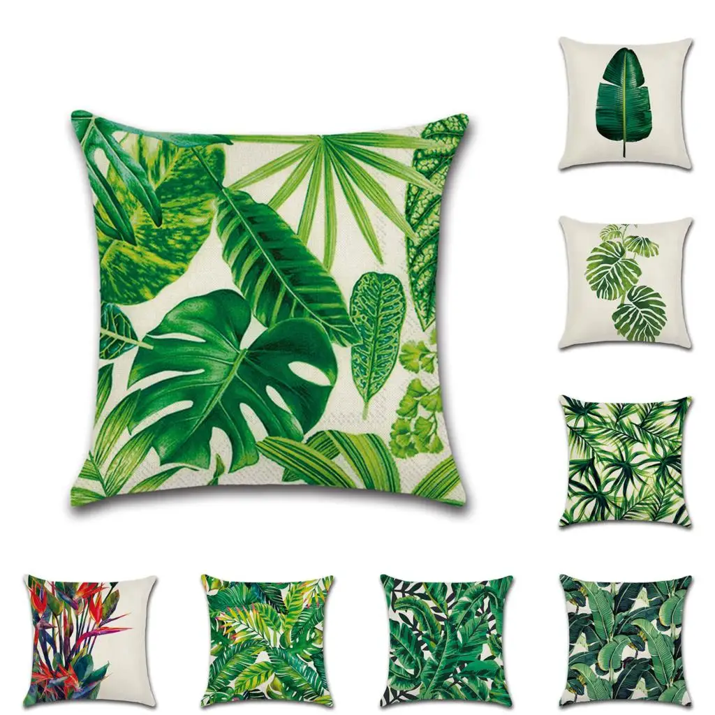

Tropical Plant Pillowcases Green Leaf Forest Linen Cushion Cover Throw Sofa Home Decor Decoration Flax Pillow Case