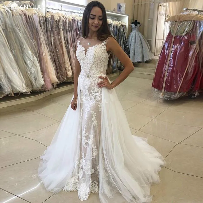 

Detachable Vestido De Noiva 2021 Wedding Dresses Mermaid Tulle Appliques Lace Vintage Boho Wedding Gown Bridal Dress