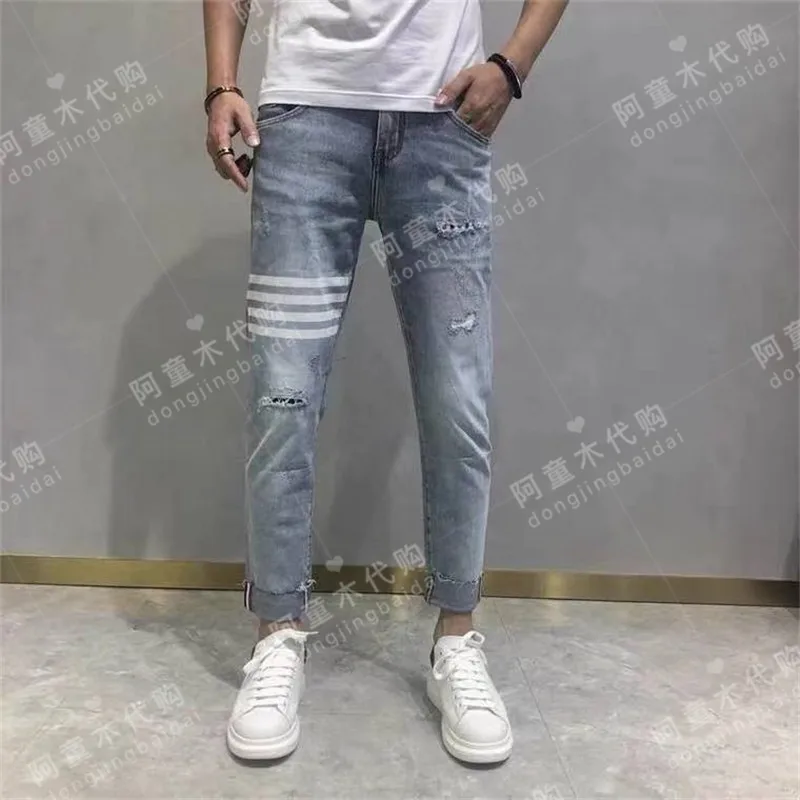 

Summer 2021 new style washed light blue ripped ankle denim jeans men's trendy brand Slim pencil pants