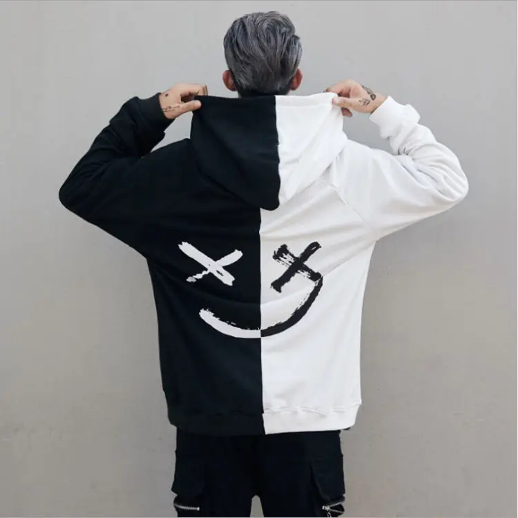 

2021 Men's Hooded Sweatshirt Sweatshirt Happy Smiley Print Headdress Hoodie Ladies Patchwork Hip Hop Streetwear Hooded Pullover