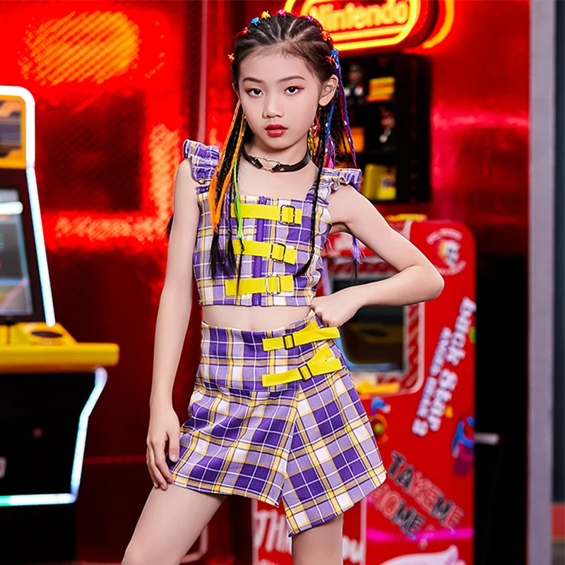 Модные костюмы в стиле хип хоп для девочек Модный Фиолетовый клетчатый жилет