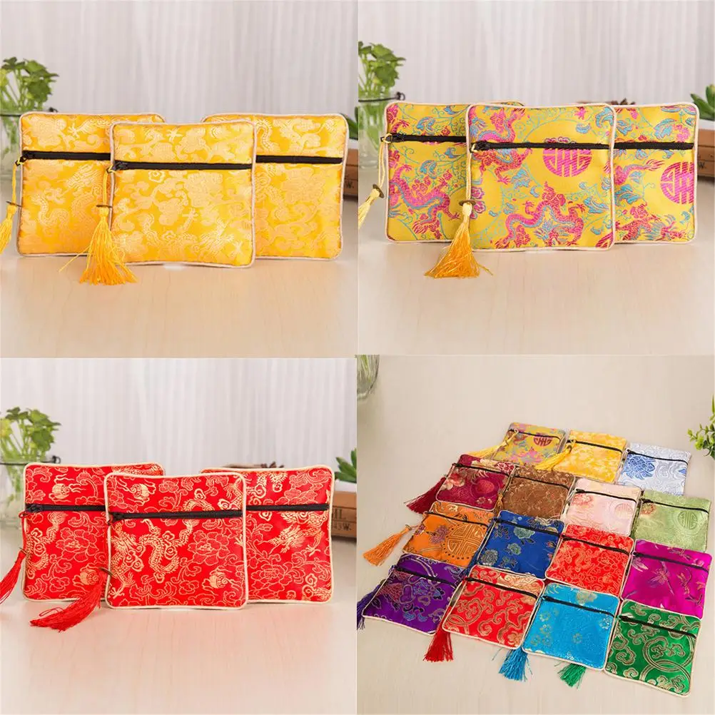 

1PC Tassel Rectangle Zipper Gift Bag Coin Purse Chinese Style Silk Brocade Jewelry Necklace Trinket Comb Cosmetic Storage Pouch