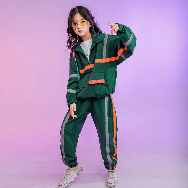 

Kid Fashion Hip Hop Clothing spring Green Jacket Top Coat Loose Casual Pants for Girls Boys Jazz Dance Costume Clothes Wear
