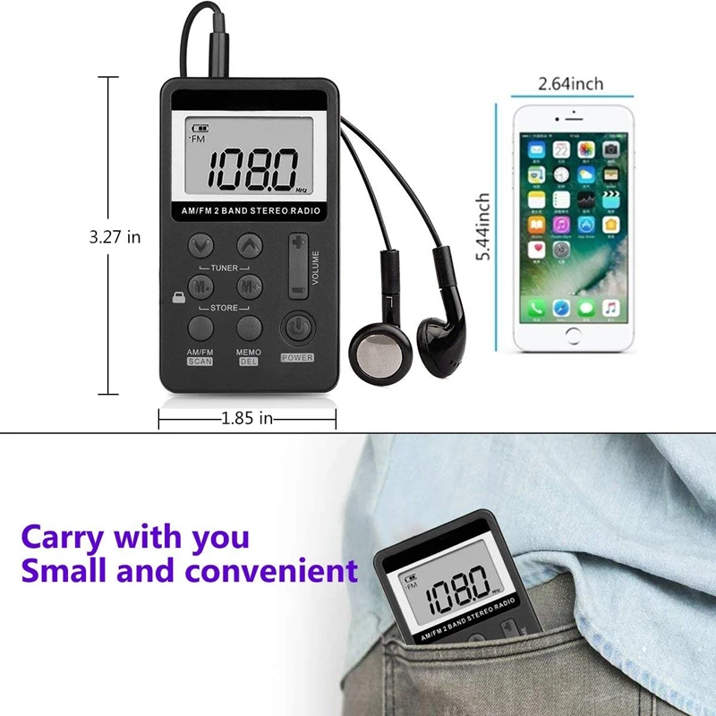 AM FM портативное карманное радио мини цифровой тюнинг стерео с перезаряжаемой