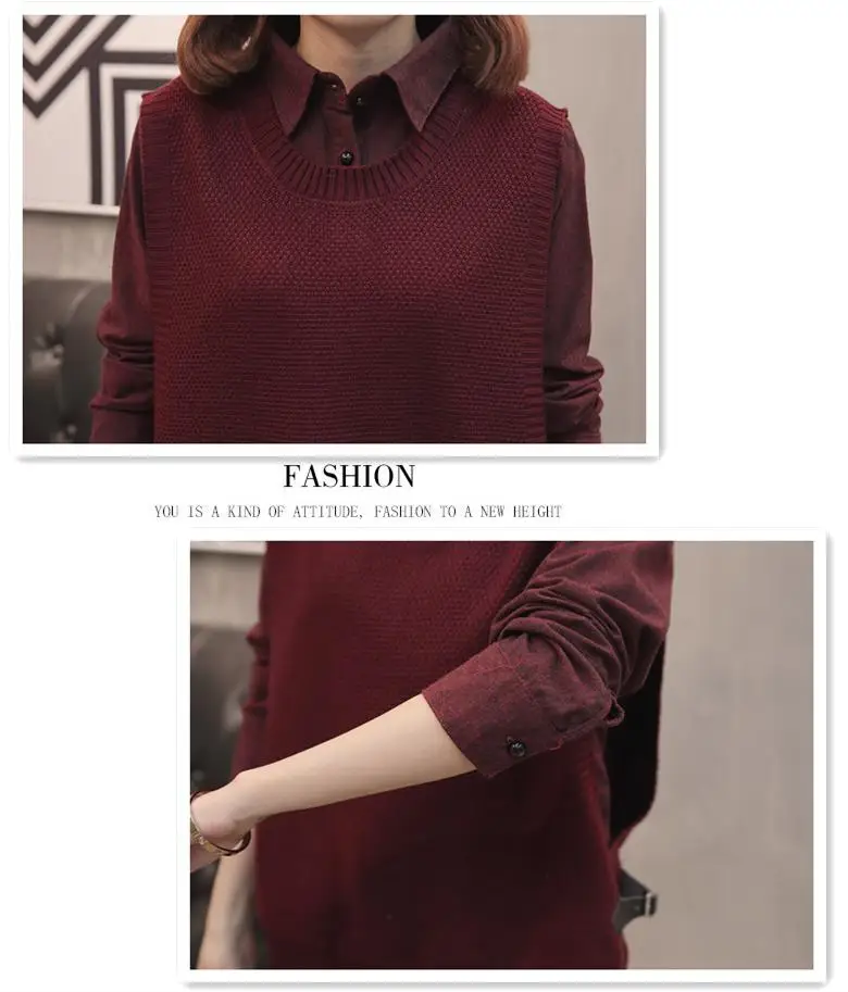 

2019 Fake Two-piece Lapel Versatile Long-sleeved Elegant Sweater Female Solid Colors Fashion Splice Autumn Pullover Women