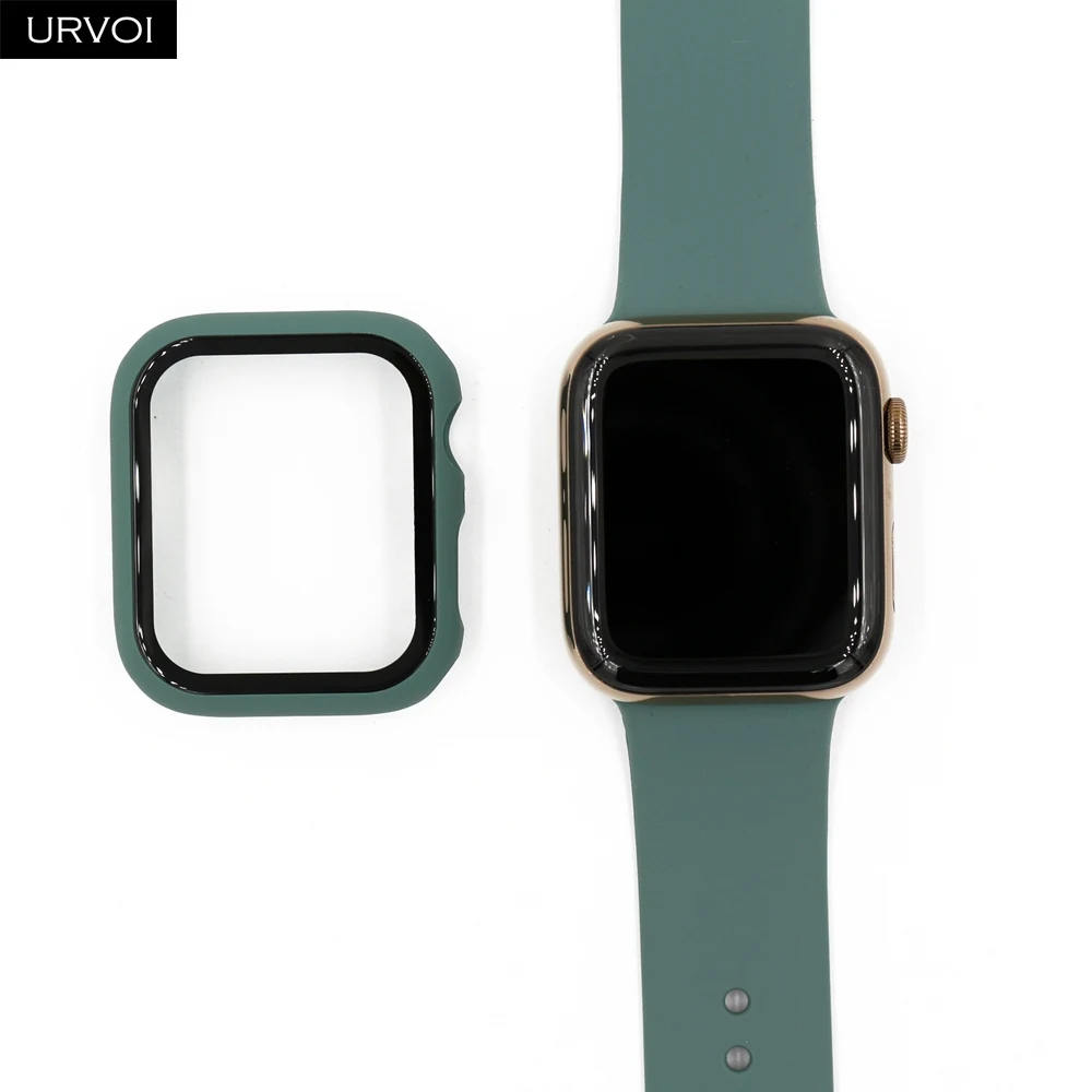 URVOI полное покрытие для Apple Watch series 5 4 3 2 Чехол 40 44 м матовый пластиковый бампер с закаленным стеклом для iWatch Pine Green band