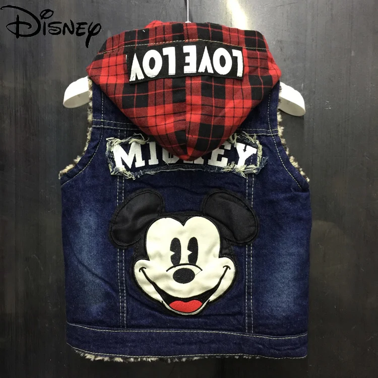 

Disney Mickey Mouse Winter Jacket Children's Denim Vest Winter Boys Vest Plus Velvet Thickening Children's Hood