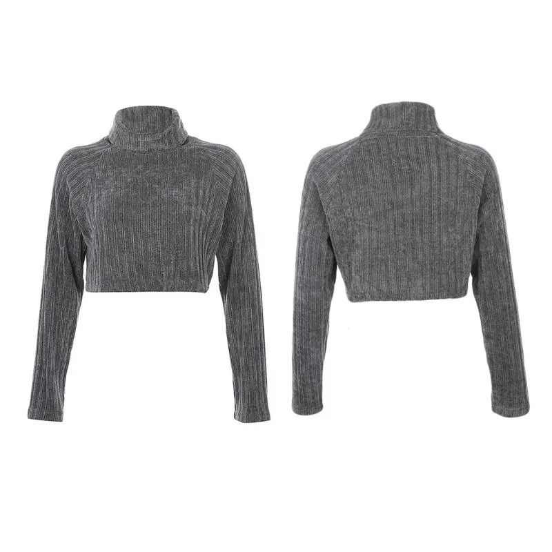 

Womens Autumn Long Sleeve Cropped Sweater Ribbed Knitted Turtleneck Loose Pullover Tops Winter Warm Velvet Solid Color Jumpers S