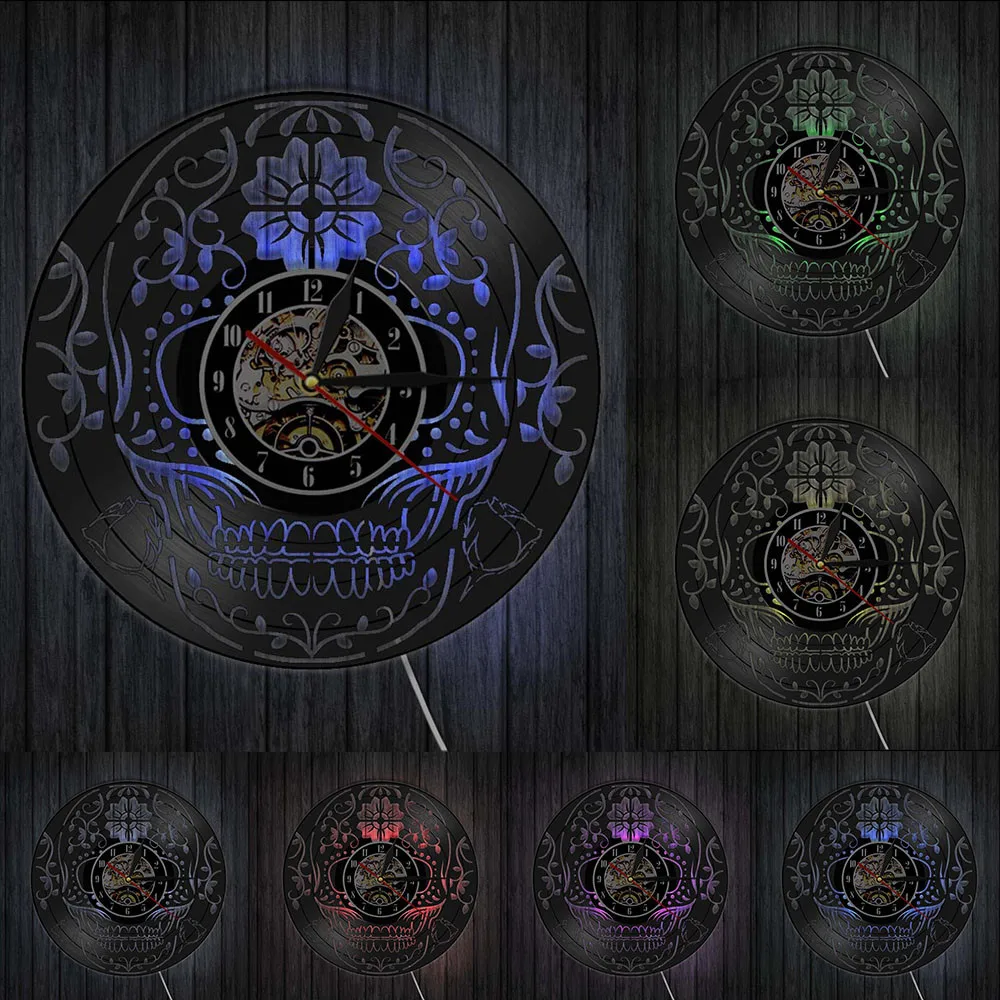 День мертвых виниловых пластинок настенные часы череп вырезанный вручную Día de los