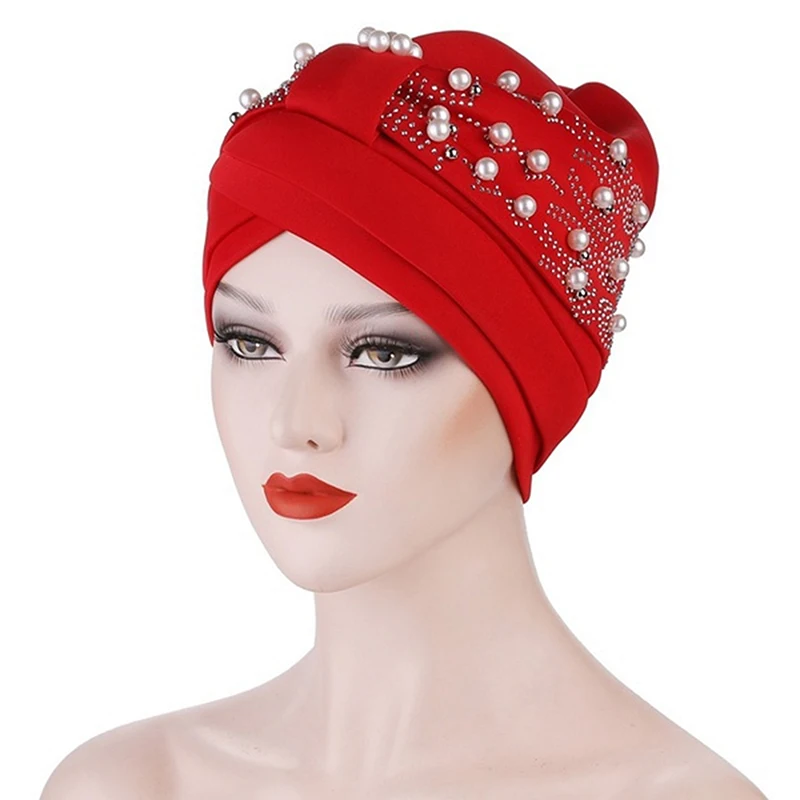 

Ladies Turban Stretch Cloth Head Hats Ladies Hair Accessories Muslim Scarf Hats Hot Drill Nail Pearl Toe Caps New
