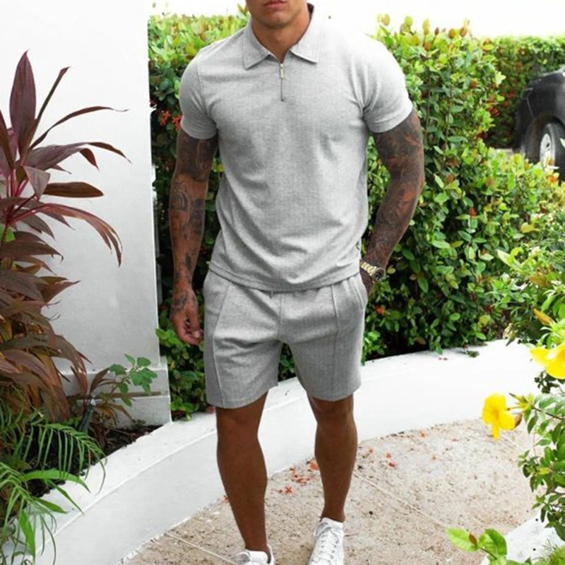 

Men's Cotton Zipper Polo Short Sleeve Shirt Shorts 2-piece Set 2021 Summer Men's Lapel Solid Color Suit Fabric Sports Slim Fit