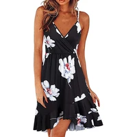 2021 new women boho mini dresses floral print summer high waist beach party sling dress fashion elegant casual deep v neck dress