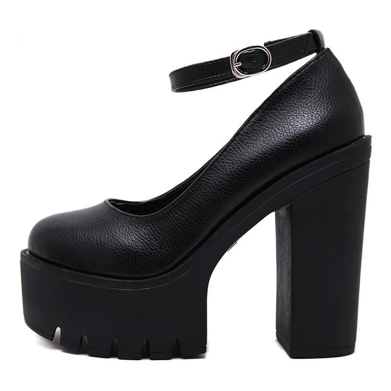

2021 Spring Autumn Casual High-heeled Shoes Sexy Thick Heels Platform Pumps Buckle Strap Square Heel Shoes Black White Size 42