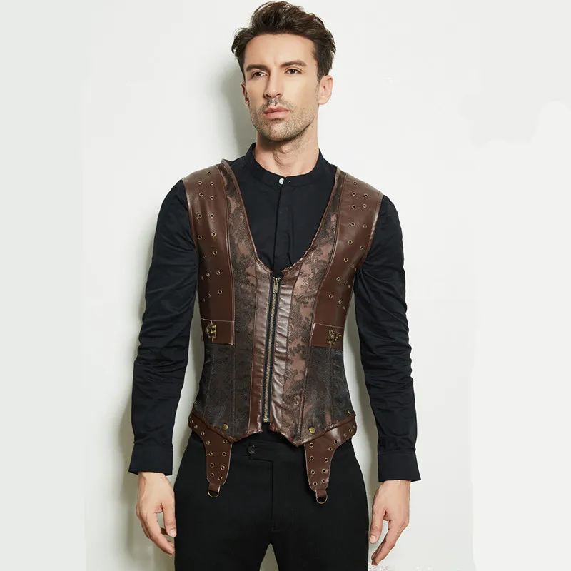 Стимпанк мужские темно коричневые s готическая одежда жилеты из искусственной