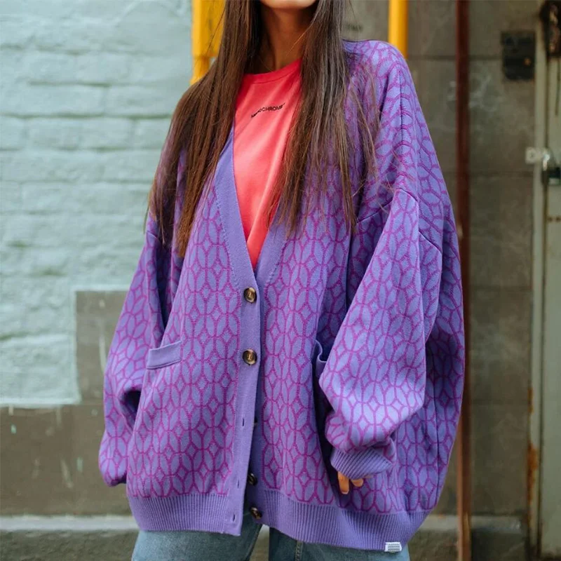 

2021 Autumn Winter Oversized Cardigan Women Purple Knitted Long Sleeve Y2K V Neck Casual Sweater Loose Top Fashion
