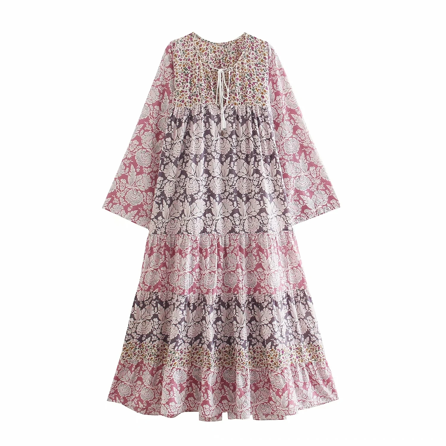 

Za Summer Patchwork Floral Dress Women Pink Midi Dress Woman 2021 Loose Long Sleeve Beach Dresses Casual Women's Dresses