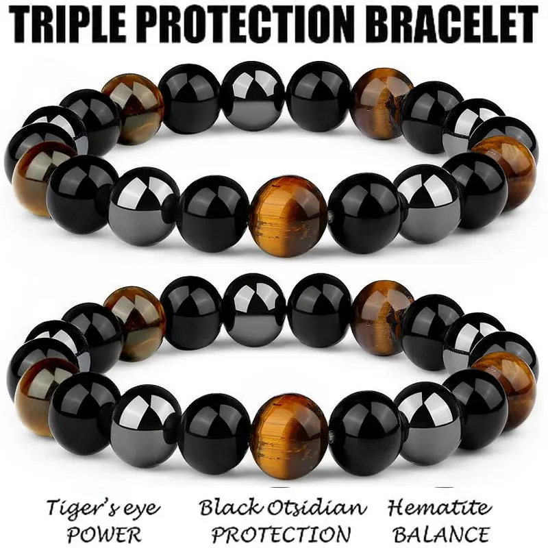 Triple Protection Bracelet For Women Bring Luck Prosperity Hematite Black Obsidian Tiger Eye Stone Bracelets Men Beads Jewelry