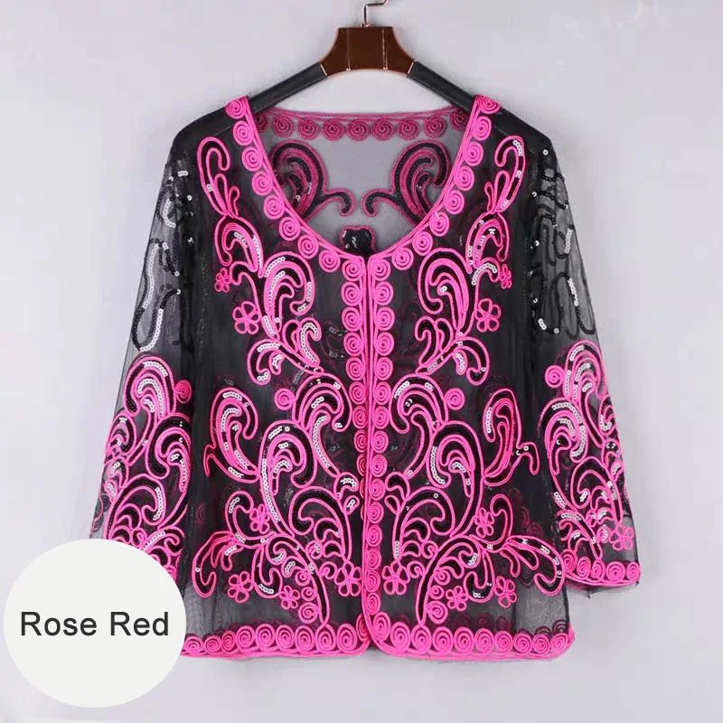 Retro Women Lace Sequins Stitching Embroidery Floral Cardigan Half Flare Sleeve V Neck Sheer Caple Coat Over Size