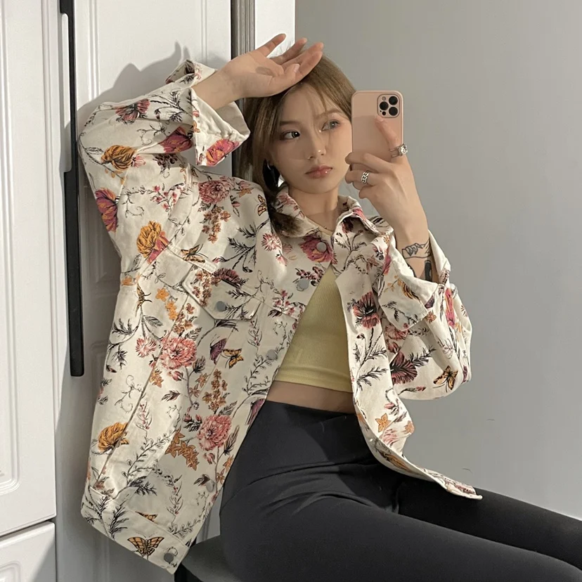 

Denim jacket Autumn Women Korean fashion Flower print Tooling tops New Female Casual Turn Down Collar Outerwear Mujer Coats